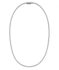 A silver-toned box chain necklace with a small central clasp, displayed against a plain white background.